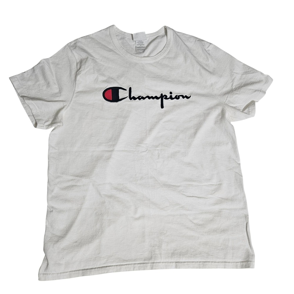 Champion Mens Script Logo Graphic T-Shirt White Short Sleeve XL
